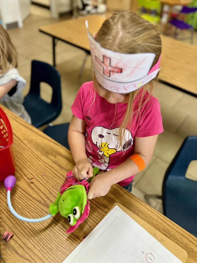 Pre-K bring a stuffed animal to school to the pre-k vet clinic. 