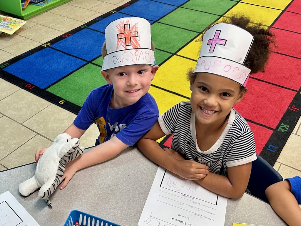 Pre-K bring a stuffed animal to school to the pre-k vet clinic. 