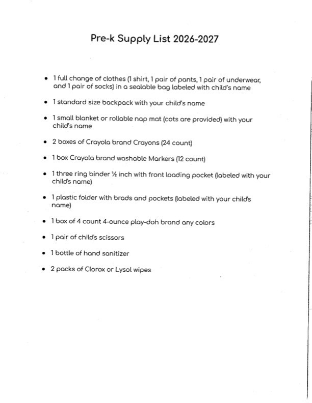 Pre k Supply List