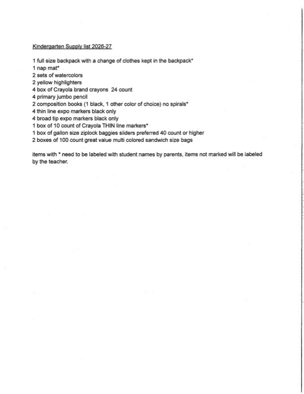 Kindergarten Supply List