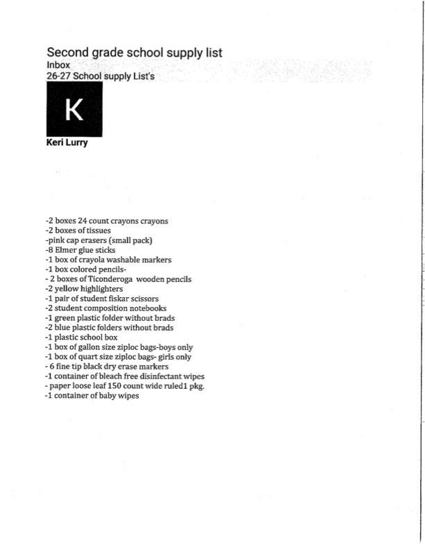 Second grade supply list