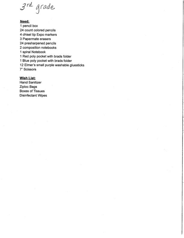 Third grade supply list