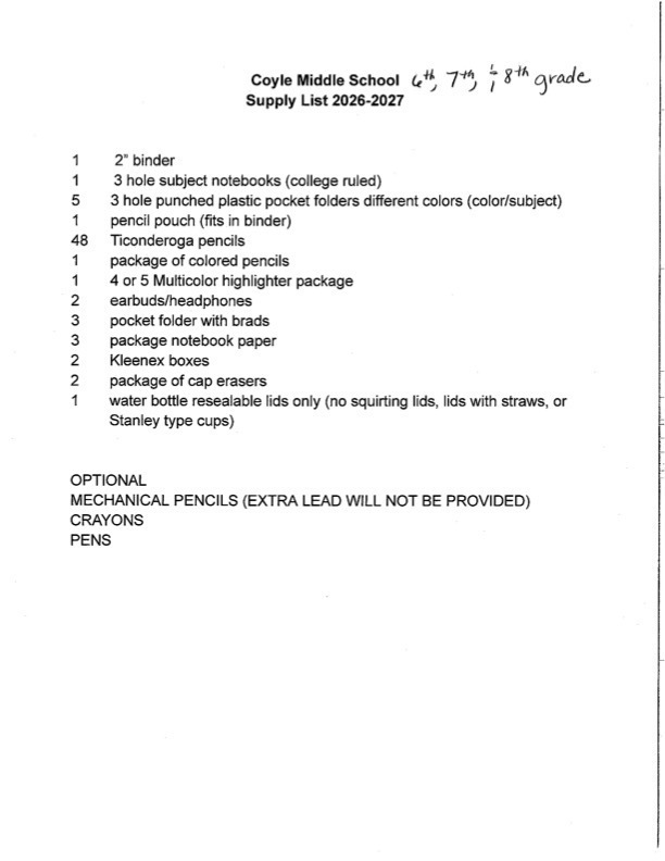 6th, 7th, and 8th grade supply list