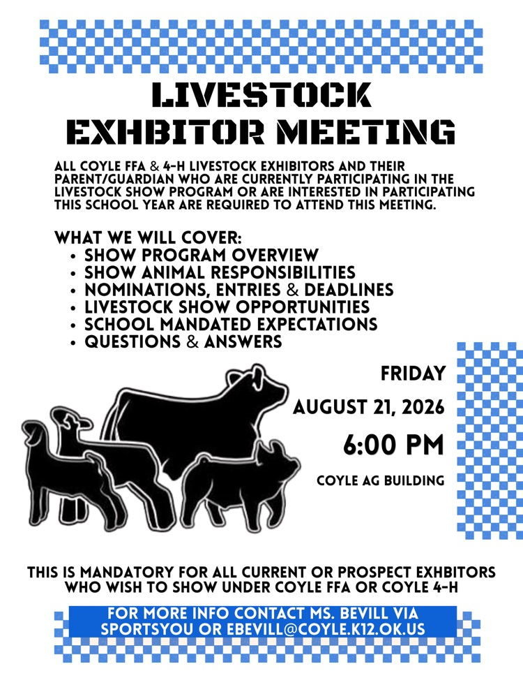 Coyle FFA Livestock Exhibitor Meeting Flyer 8/21/26