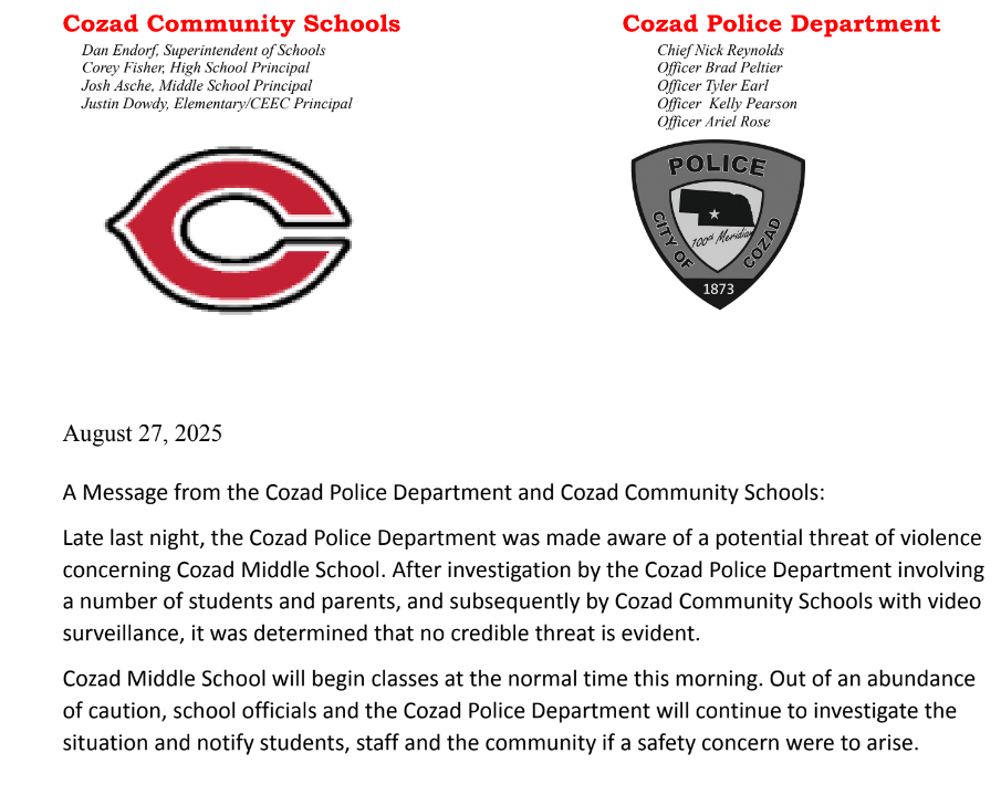 Message from Cozad Community Schools and Cozad Police Dept