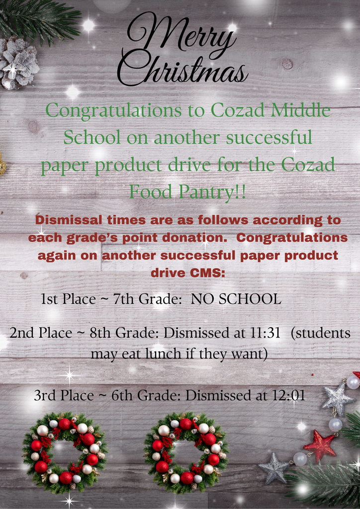 Cozad Middle School Dismissal times for Friday, December 19th