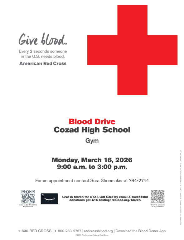 Blood Drive Cozad High School March 16
