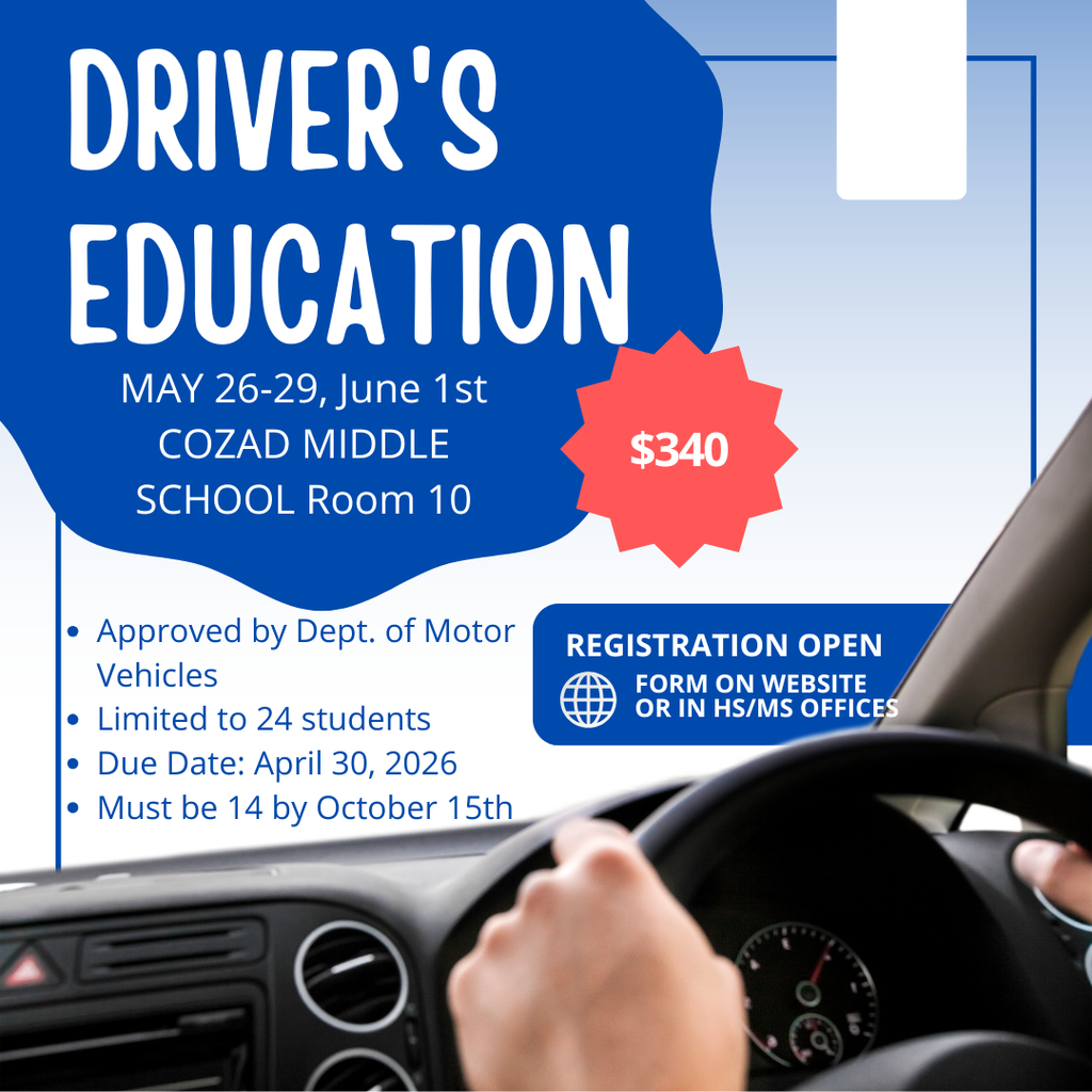 Drivers Ed 2026 Registration is open - deadline April 30, 2026