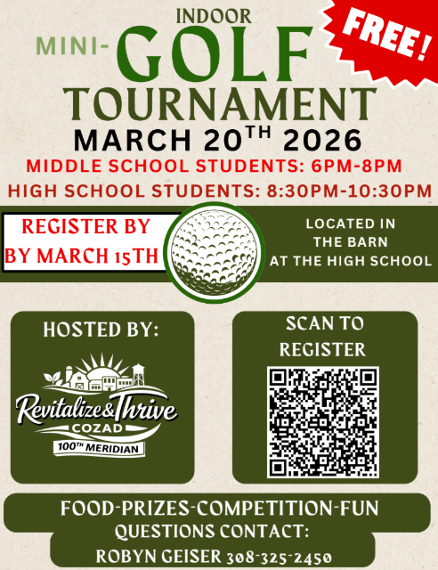Mini Golf Tournament March 20th, 2026 - Hosted by Revitalize & Thrive Cozad