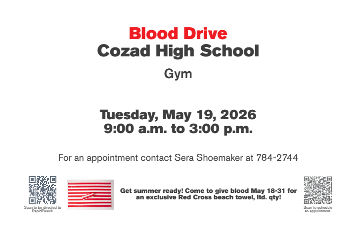 Cozad High School Blood Drive Tuesday May 19, 2026