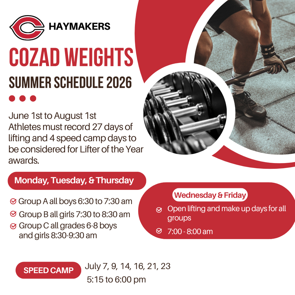 The weight room will be open for summer workouts from June 1 – August 1.