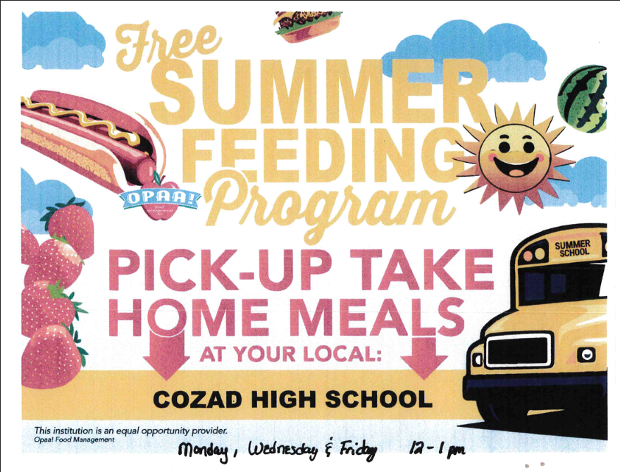 Grab & Go Summer Meals June 1st through July 31st. Pick them up at CHS 12:00 to 1:00 pm.  Please call district office to sign up