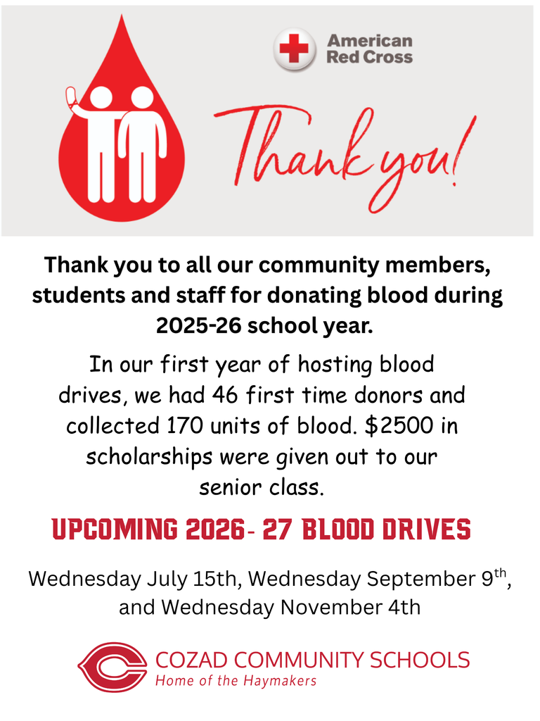 Thank you to all who donated blood during the 2025-26 school year. 170 units of blood donated!