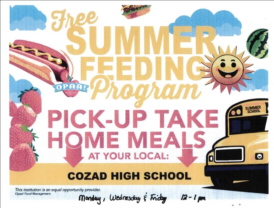Summer 2026 Meals Grab and Go June 1 - July 31. Pick up 12:00 to 1:00