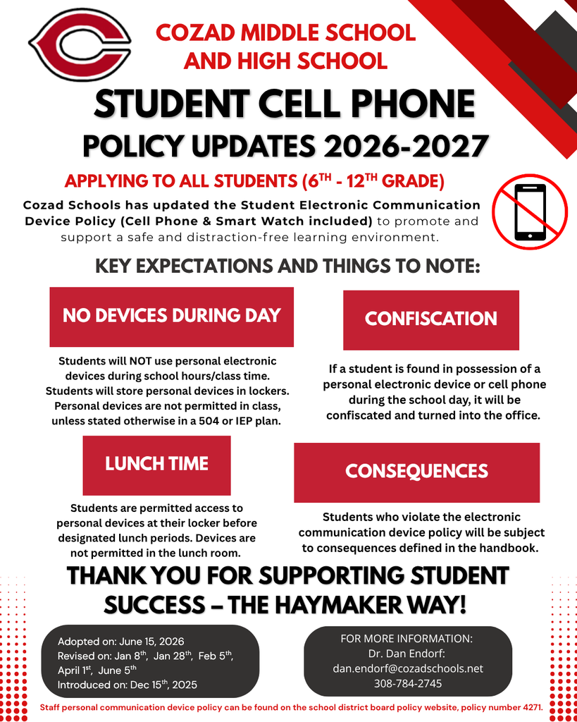 Student Cell Phone Policy Updates 2026-2027