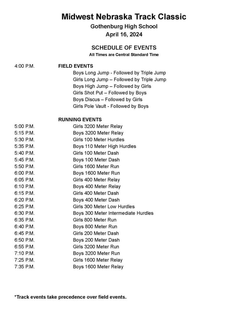 Midwest Nebraska Track Classic Gothenburg High School April 16, 2024 SCHEDULE OF EVENTS