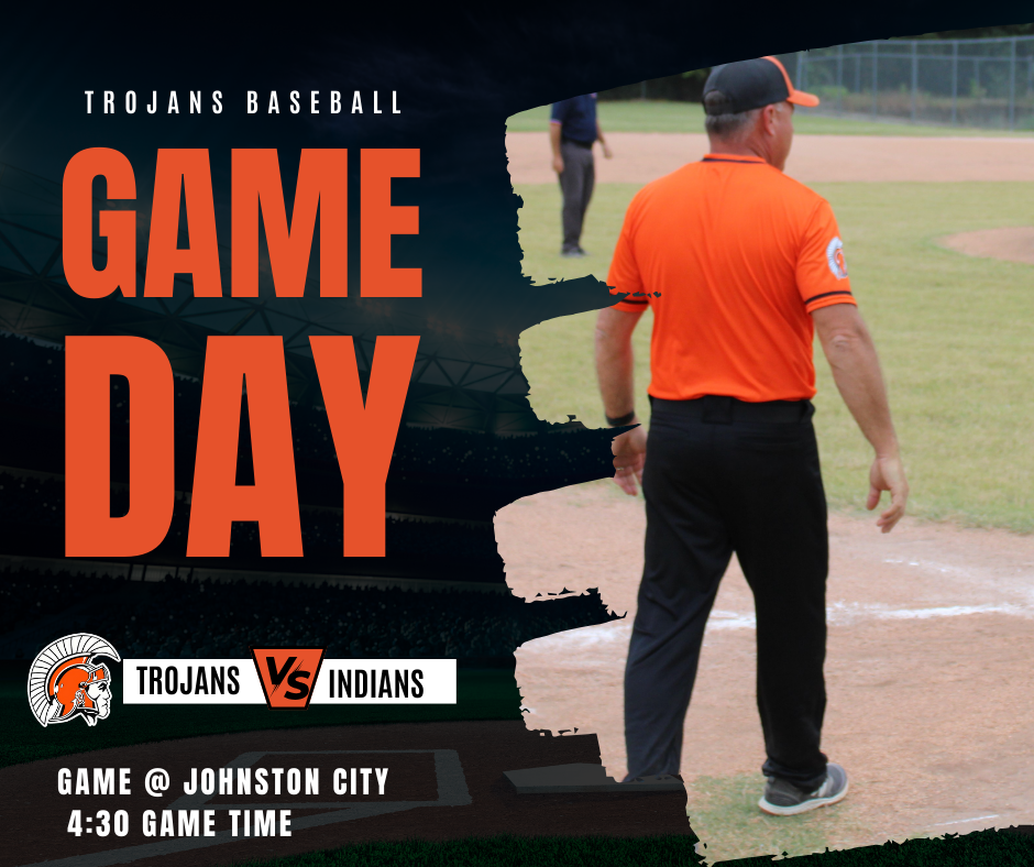 BASEBALL GAME DAY POST WITH TROJANS VS INDIANS BASEBALL COACH ON FIELD WEARING ORANGE SHIRT AND BLACK PANTS
