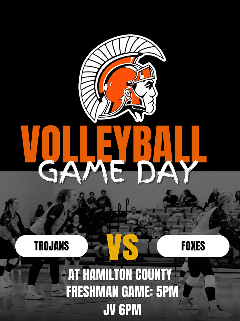 Volleyball game day post with time and Trojan logo