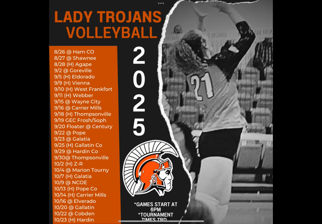 Volleyball schedule with picture of volleyball players in black and white hitting ball