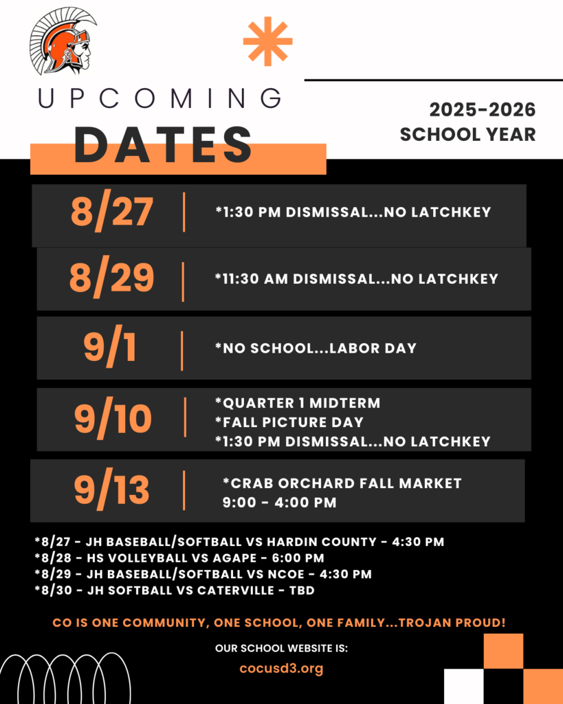 Upcoming Dates and events in black, orange and white