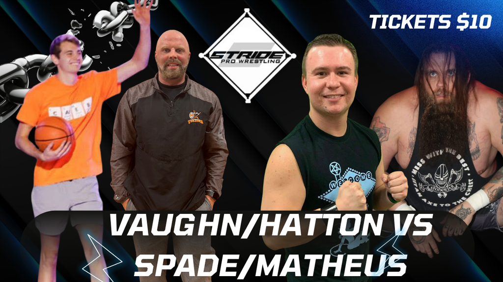 Wrestling flyer with 2 teachers and 2 wrestlers in wrestling gear 