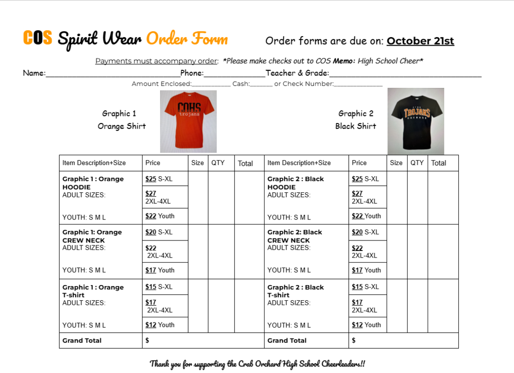 order form for shirts with pictures of orange t-shirt and black t-shirt