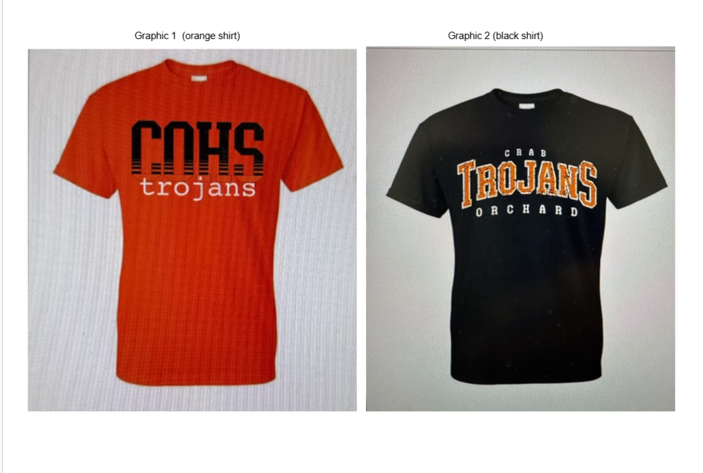 orange COHS trojans t-shirt and black Crab Orchard Trojans t-shirt