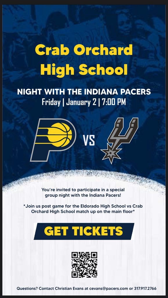 Picture of basketball flyer with yellow letters. Saying how to get your tickets to the pacers game