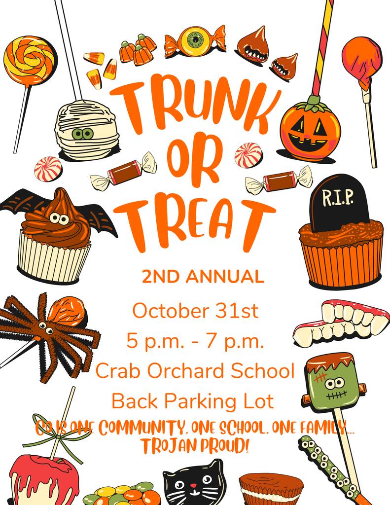Trunk or Treat information with a jack-o-lantern, ghost and cauldron