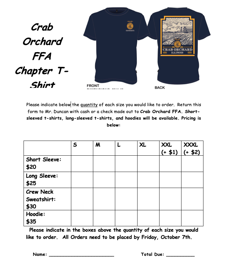 FFA order shirt order form