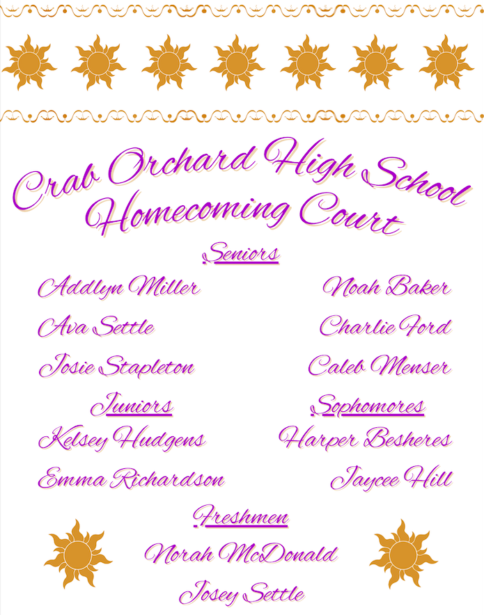 2025 high school homecoming court typed in purple