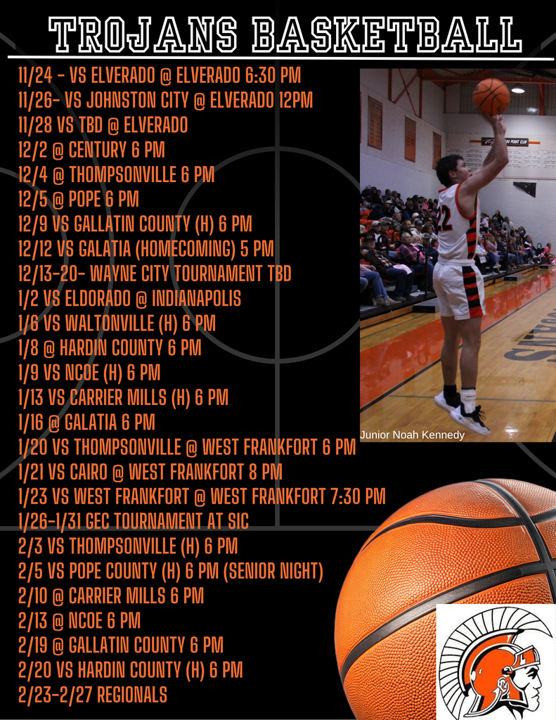 Basketball schedule with picture of Trojan player in white uniform with orange and black on the trim