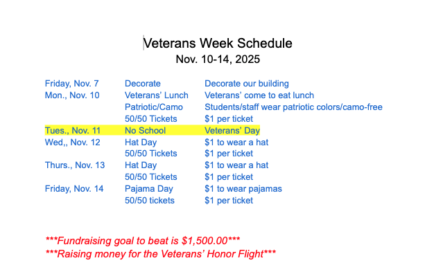 2025 Veterans Day Schedule