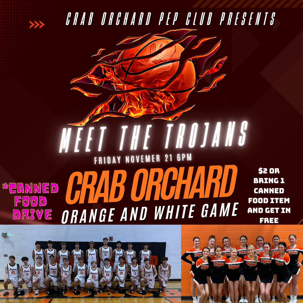 Orchard white and black flyer with picture on bottom left of basketball team in white uniforms and picture of cheerleaders on right in black and orange uniforms 