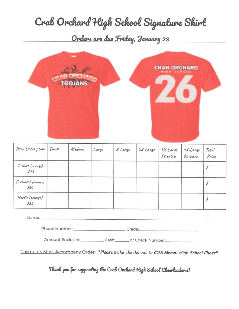 order form for t-shirts