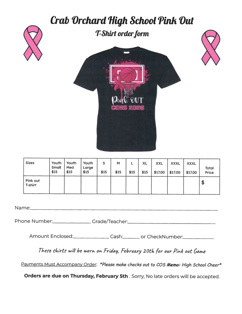 order form for PinkOut t-shirts with a graphic of a black t-shirt that has a hot pink basketball and splotch on it.