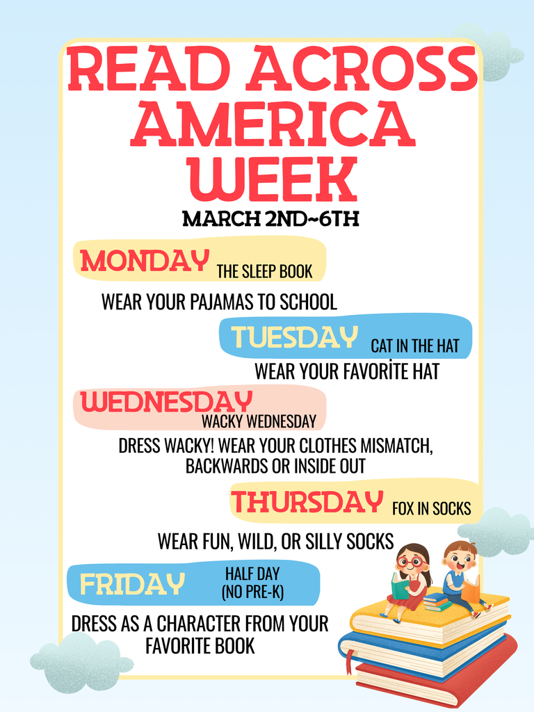 flyer with a graphic of a boy & girl sitting on top of a stack of 3 books reading 