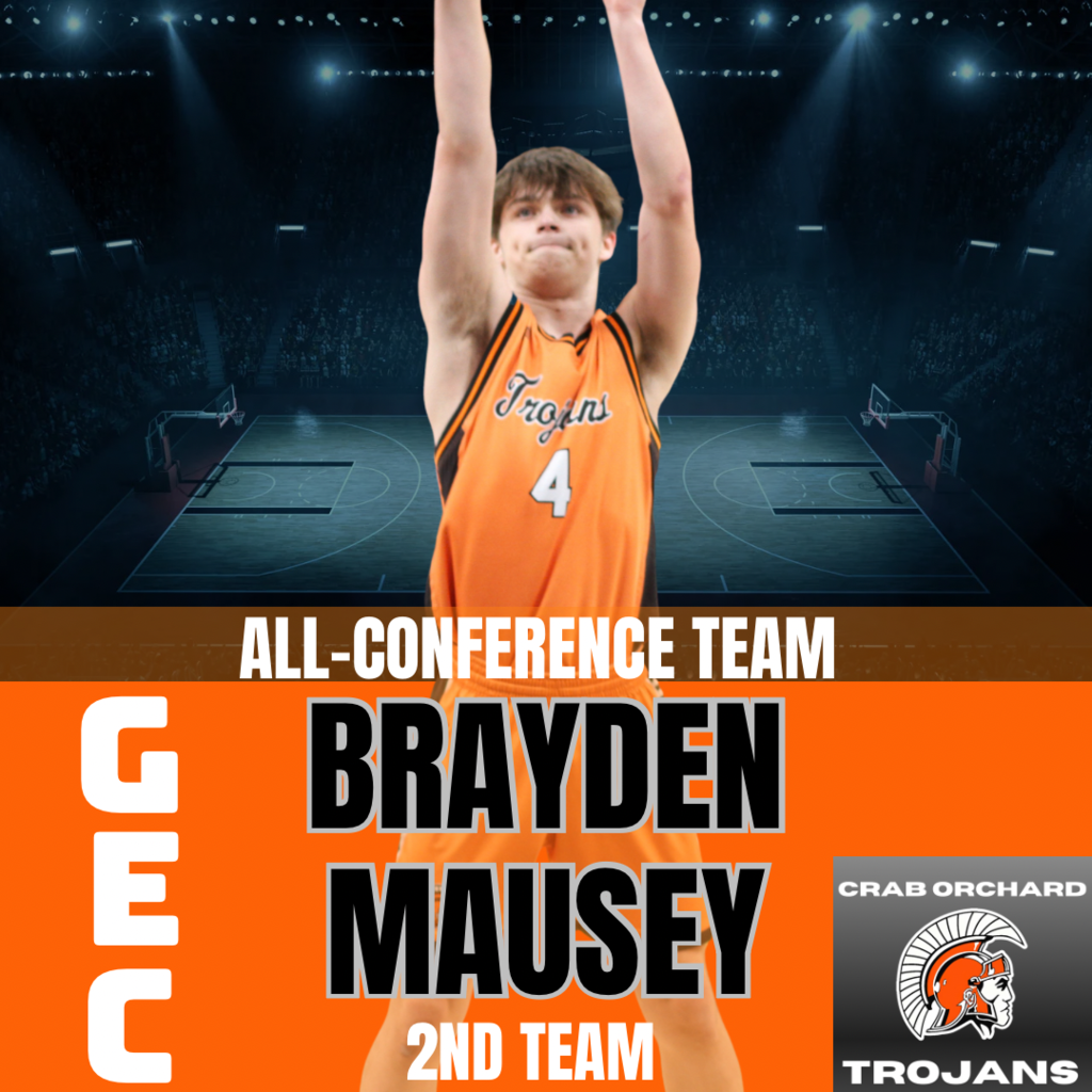 Player in orange uniform shooting ball with words all conference team and players name Brayden mausey