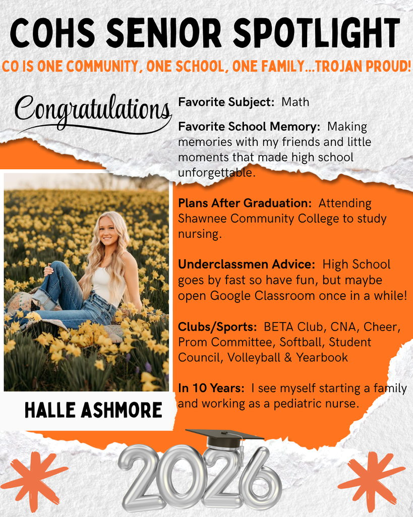 orange black and white senior spotlight flier with female with long blonde hair sitting on yellow flowers