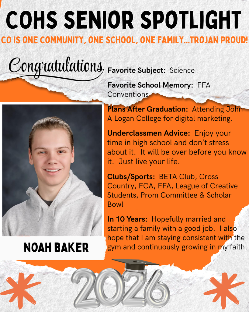 orange black and white senior spotlight with a male student wearing a hoodie