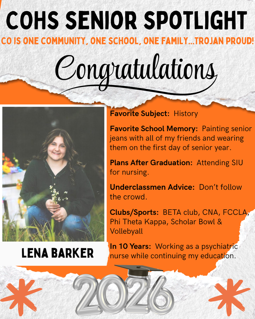 senior spotlight flier with grey orange black and white background with a female with long dark hair holding flowers