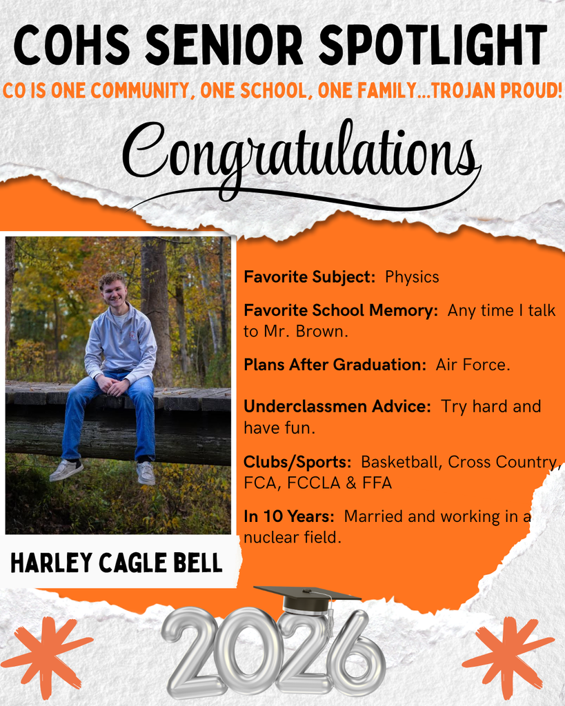 senior spotlight flier with grey orange black and white background with a male with brown hair sitting on a post in the woods