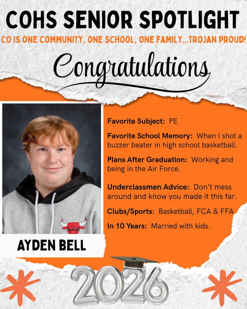 senior spotlight flier with grey orange black and white background with a male with red hair wearing a grey and black Chicago Bulls hoodie