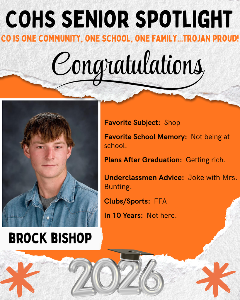senior spotlight flier with grey orange black and white background with a male with brown hair sitting wearing a blue jean shirt