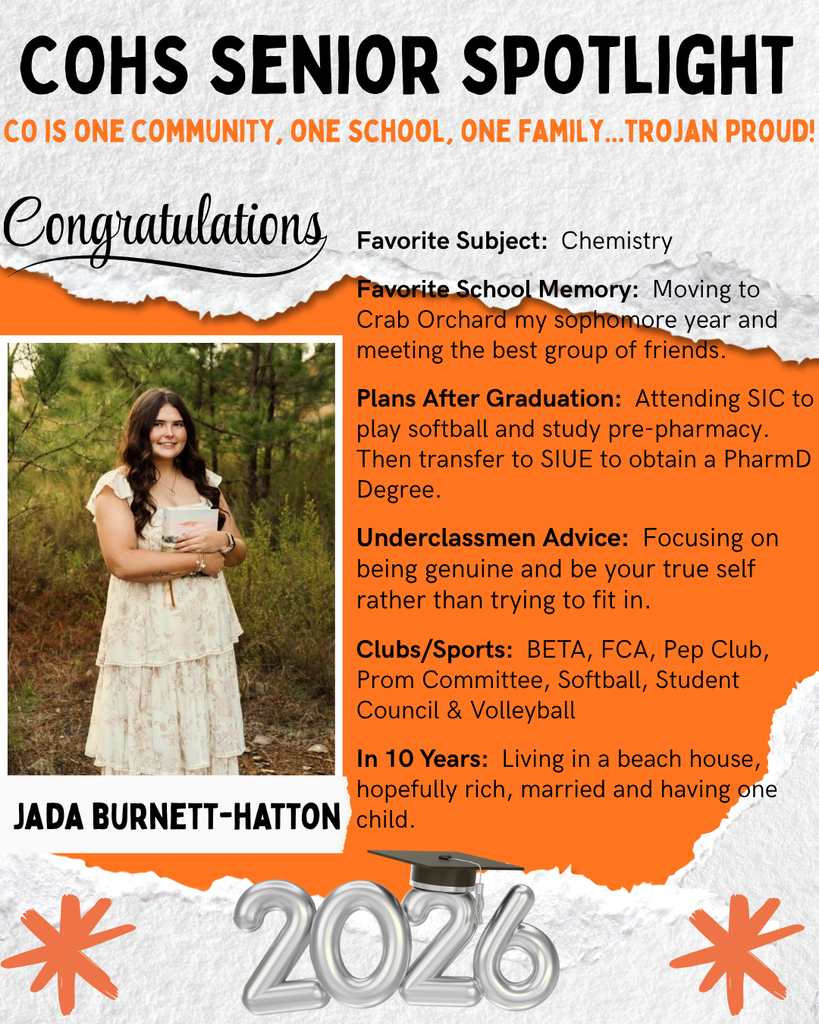 senior spotlight flier with grey orange black and white background with a female with long dark hair holding a book