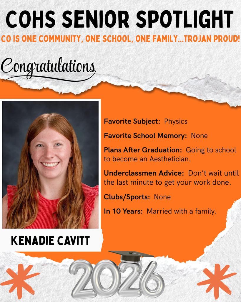 senior spotlight flier with grey orange black and white background with a female with long red hair wearing a red ruffled shirt