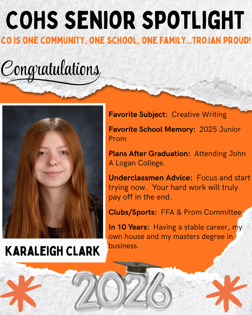 senior spotlight flier with grey orange black and white background with a female with long red hair wearing a black shirt