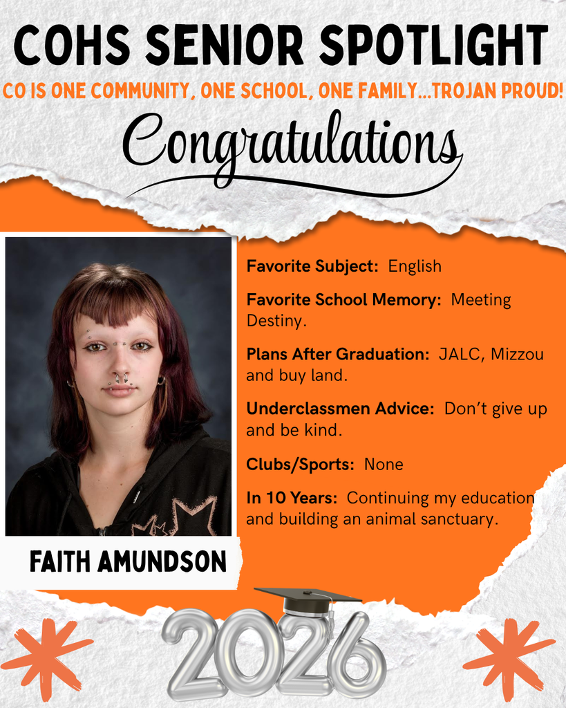 senior spotlight flier with grey orange black and white background with a female with dark hair wearing a black hoodie