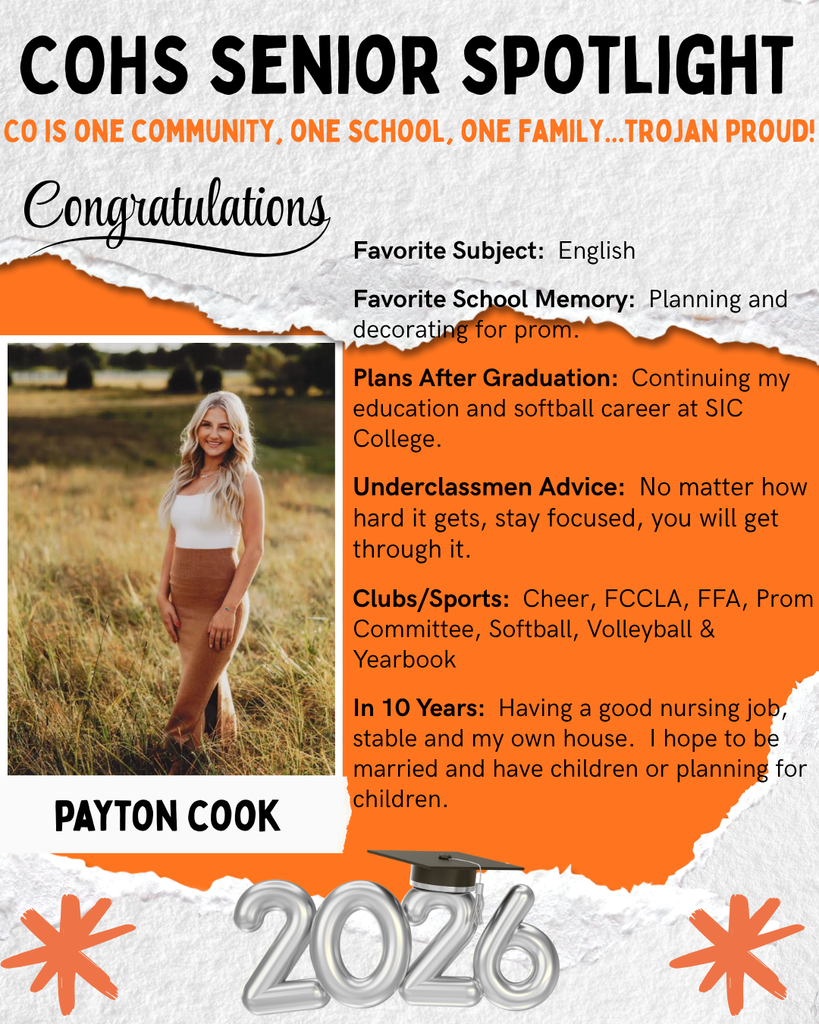 senior spotlight flier with grey orange black and white background with a female with long blonde hair standing in a field