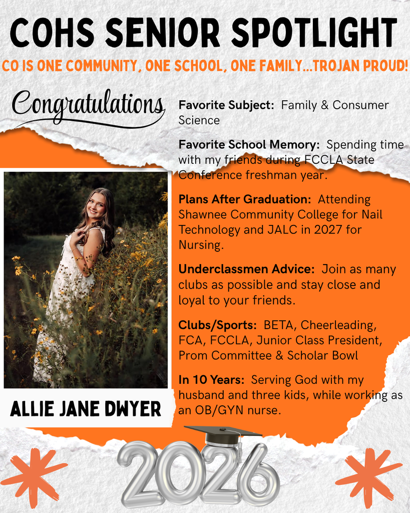 senior spotlight flier with grey orange black and white background with a female with long dark hair standing in flowers